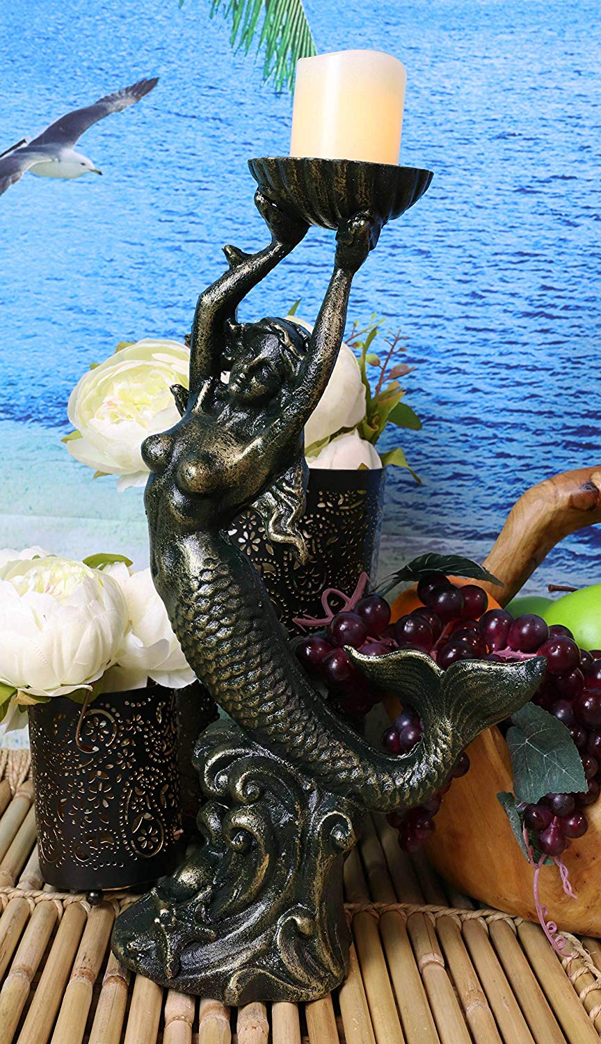 Cast Iron 15"H Under The Sea Mermaid Holding Up Sea Shell Candle Holder Statue - Ebros Gift