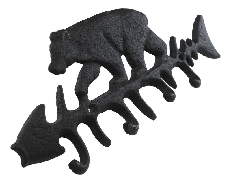 Cast Iron 9" Rustic Forest Black Bear On Fish Bone 4 Pegs Wall Hook Decor Plaque