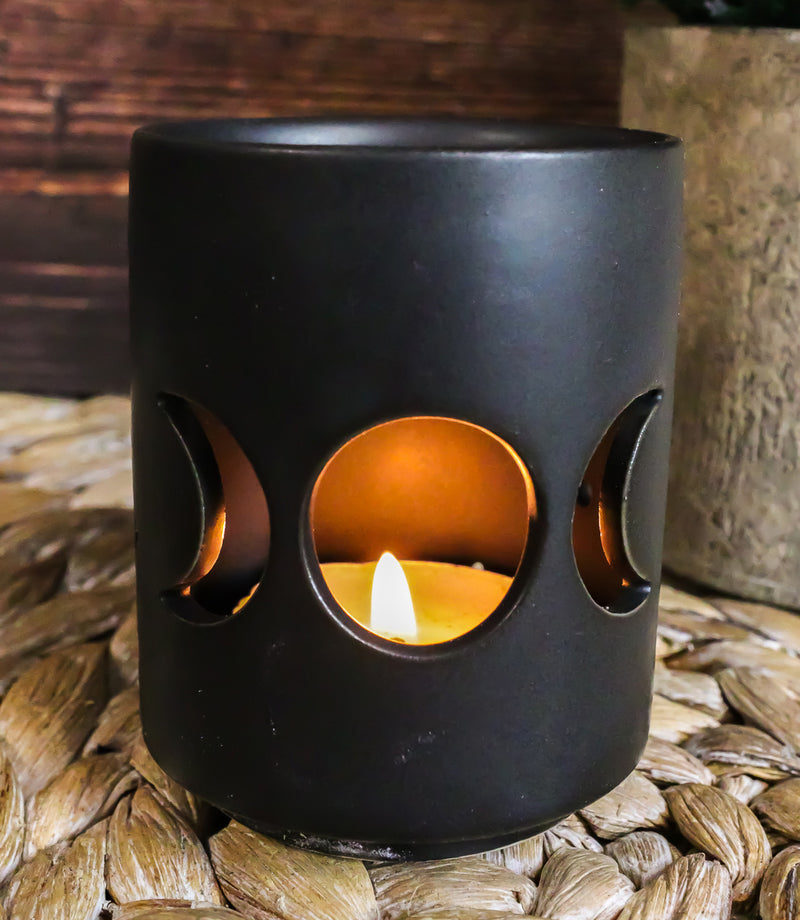 Pack Of 2 Wicca Triple Moon Goddess Black Ceramic Tea Light Votive Candle Holder