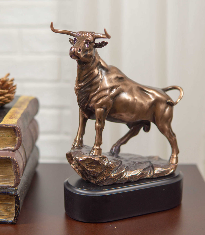 Western Wild Cattle Bull On Pride Rock Electroplated Resin Statue With Base