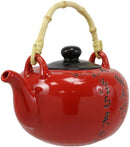 Chinese Art Calligraphy Red Porcelain 27oz Tea Pot With 4 Cups Set Asian Decor