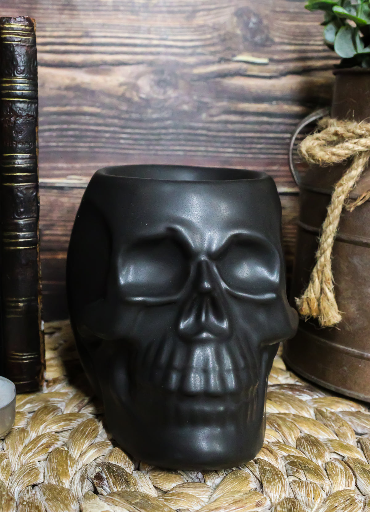 Matte Black Gothic Skull Skeleton Ceramic Votive Candle Essential Oil Warmer
