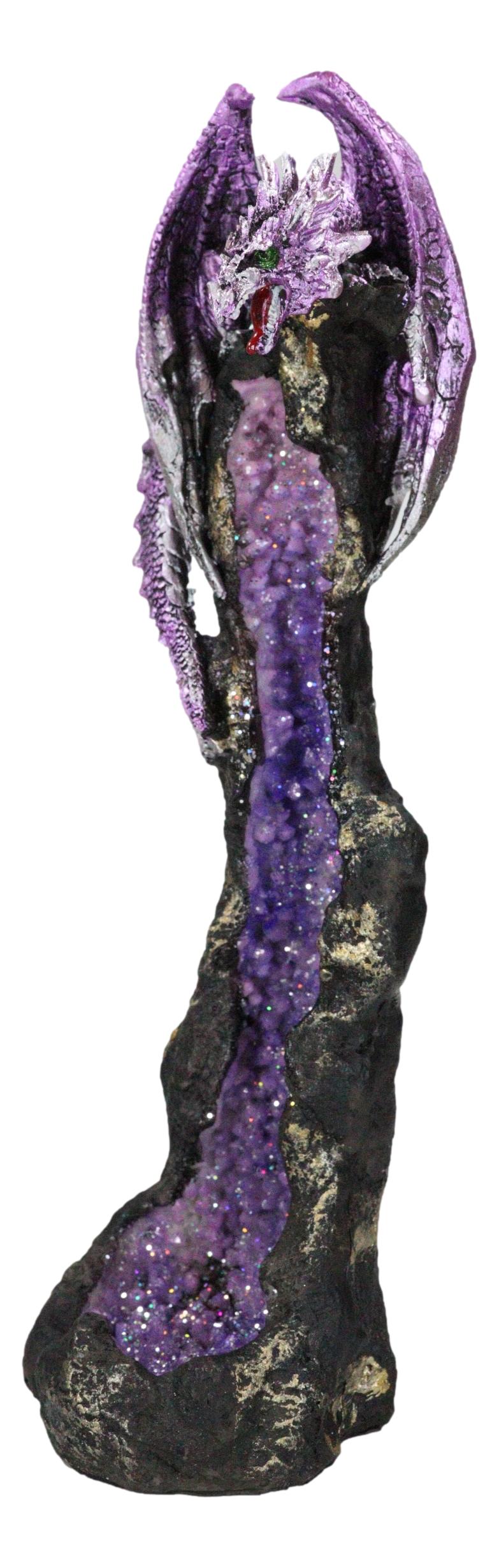 Purple Dragon On Geode Rock Gemstone Quartz Pillar Incense Burner Figurine