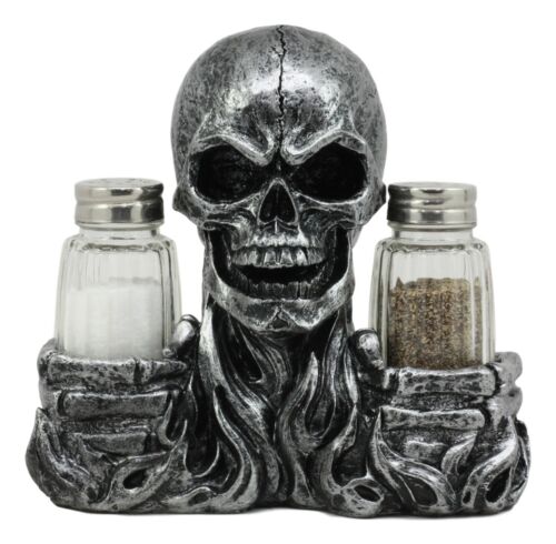 Ebros Gothic Day Of The Dead Grinning Skull Salt And Pepper Shakers Holder Figurine Set 6.25" Long Fantasy Kitchen Decor Statue