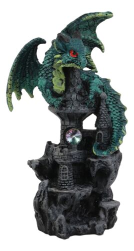 Green Earth Dragon Perching On Castle Tower Top Statue With Rhinestone Crystal