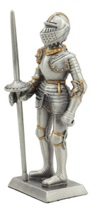 Ebros Pewter English Knight Statue 4" H Medieval Suit Of Armor Knight With Javelin Pole-arm Pewter Figurine Collectible