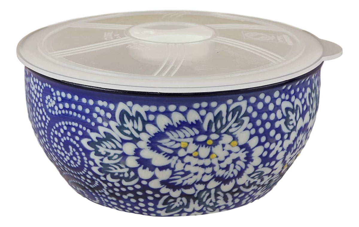 Ming Style White Blue Floral Design Ceramic Meal Lunch Storage Bowl With Lid - Ebros Gift