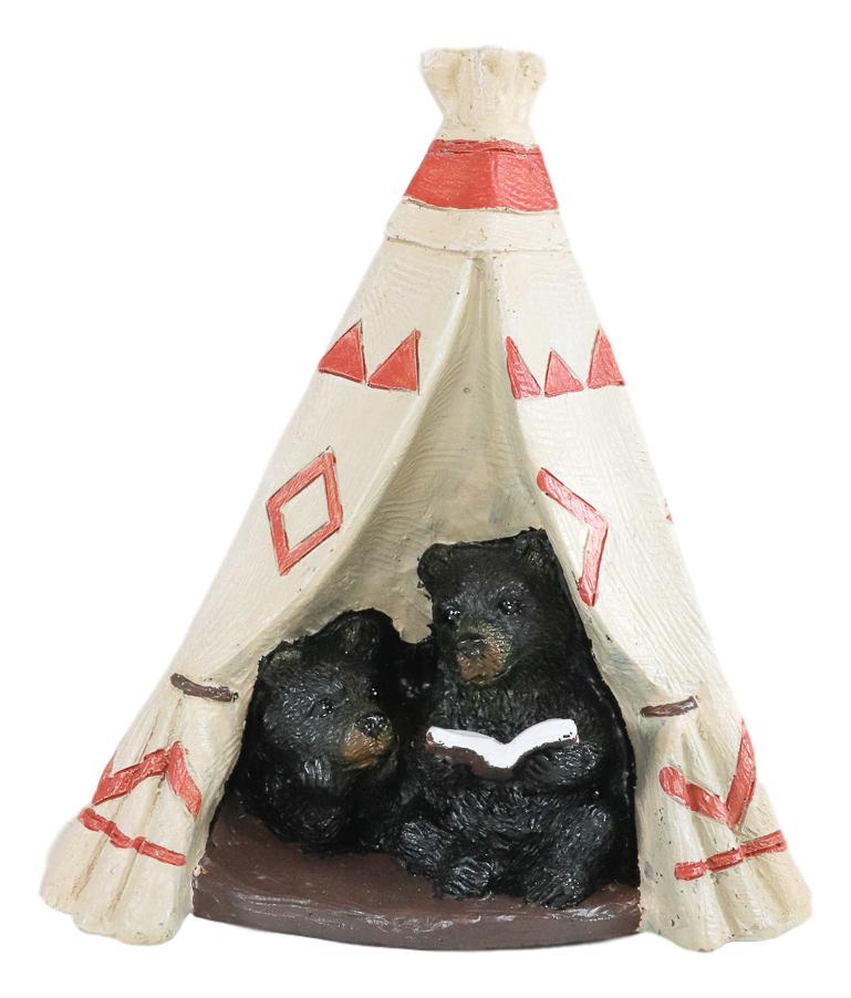 Ebros Rustic Forest Black Bear Cubs Story Time Reading Book In Teepee Hut Figurine