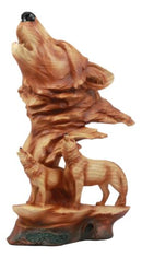 Faux Wood Three Howling Wolves Rocky Wildlife Scene Statue Timber Wolves Decor