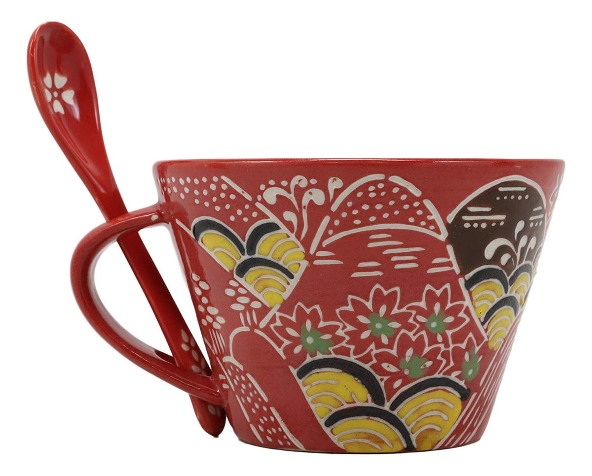Ebros Porcelain Coffee Tea Latte Cafe Mug Drink Cup With Spoon 2pc Set 12oz Home Kitchen Decorative Ceramics (SINGLE, Red Mountain Landscape) - Ebros Gift
