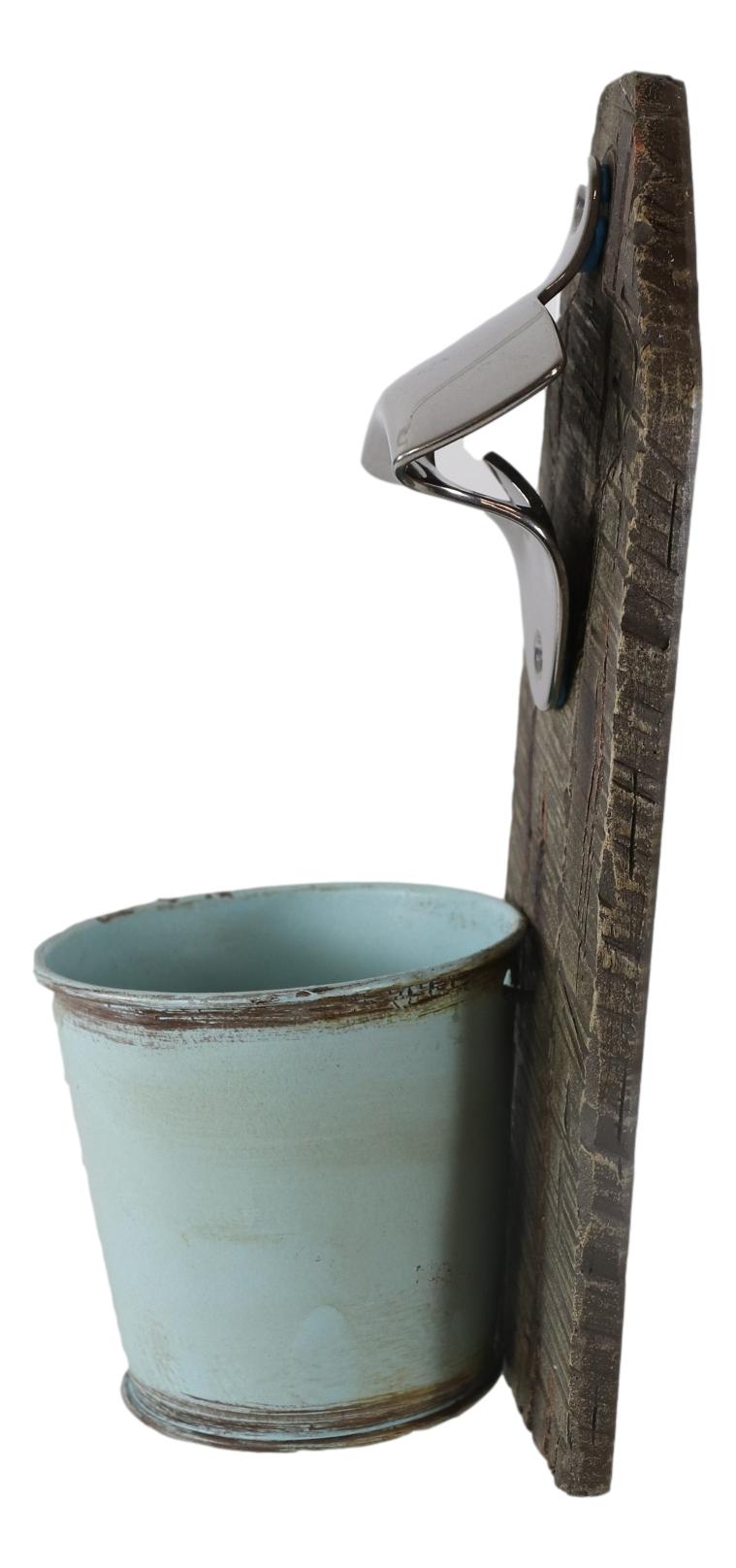 Rustic Western Nautical Wooden Wall Beer Bottle Opener With Vintage Bucket Pail