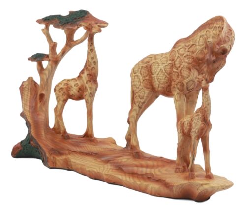 Wildlife Safari Giraffe Family In Savanna Scene Statue 12"L Faux Wood Resin
