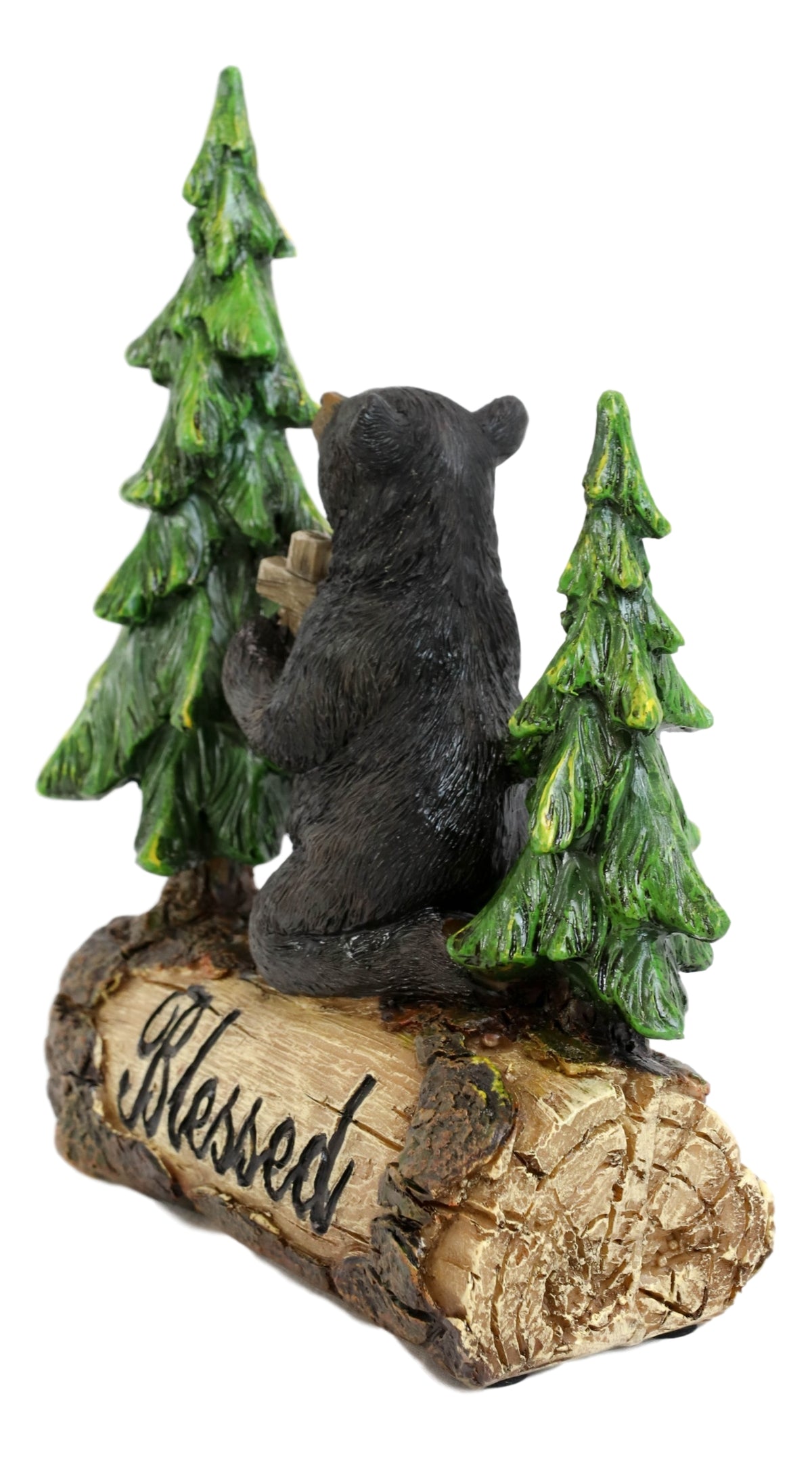 Blessed Rustic Western Black Bear Kneeling On Log by Pine Trees Praying Statue