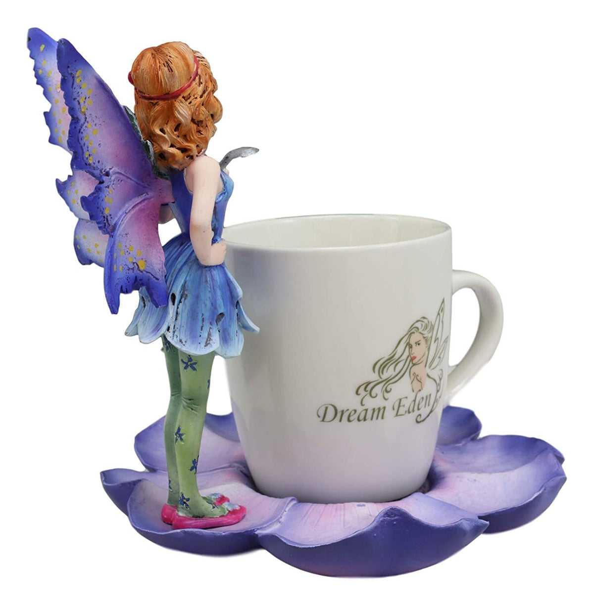 Ebros Fantasy Pixie Beverage Teacup Fairy Standing On Flower Saucer Display Stand Holder Statue with Dream Eden Coffee Mug Set for Whimsical Tea Party Decor Accent of Fairies Nymphs Pixies (Purple)