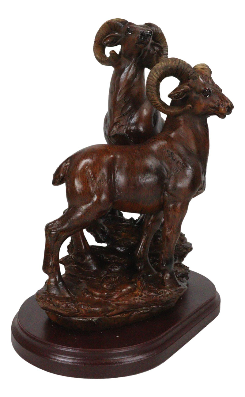Rustic Country Bighorn Sheep Ram Family On Rock Faux Mahogany Wood Figurine
