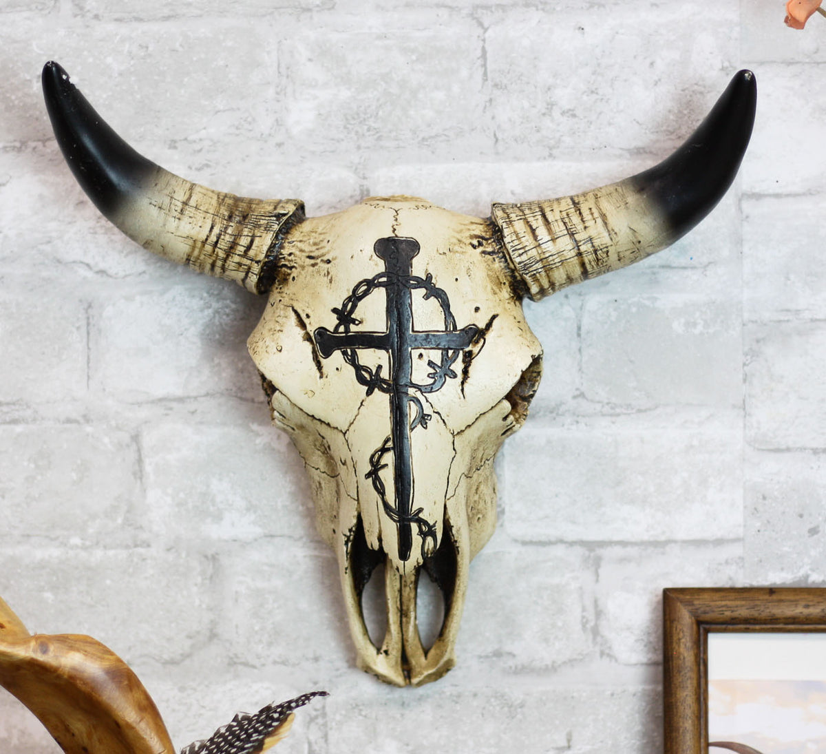 12"W Rustic Nail Spikes And Crown Of Thorns Cross Bison Bull Skull Wall Plaque - Ebros Gift
