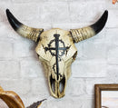 12"W Rustic Nail Spikes And Crown Of Thorns Cross Bison Bull Skull Wall Plaque