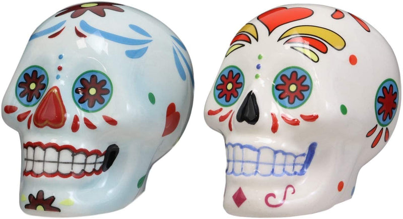Ebros Colorful Day Of The Dead Blue And White Sugar Skulls Salt And Pepper Shakers Set