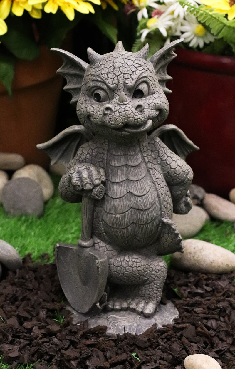 Whimsical Garden Dragon With Shovel Statue 11.5"H Gardening Green Thumb Dragon