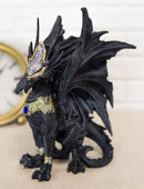 Blue Sapphire Golden Armored Combat Dragon Standing Guard In Faux Stone Statue