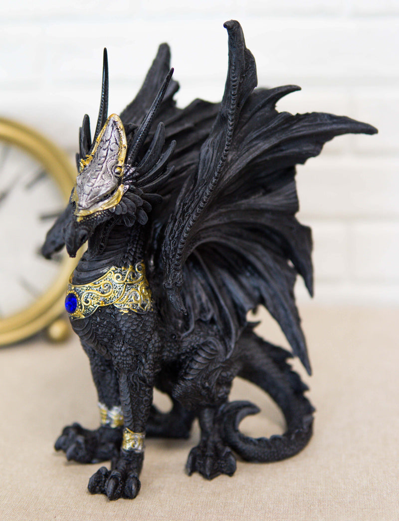 Blue Sapphire Golden Armored Combat Dragon Standing Guard In Faux Stone Statue