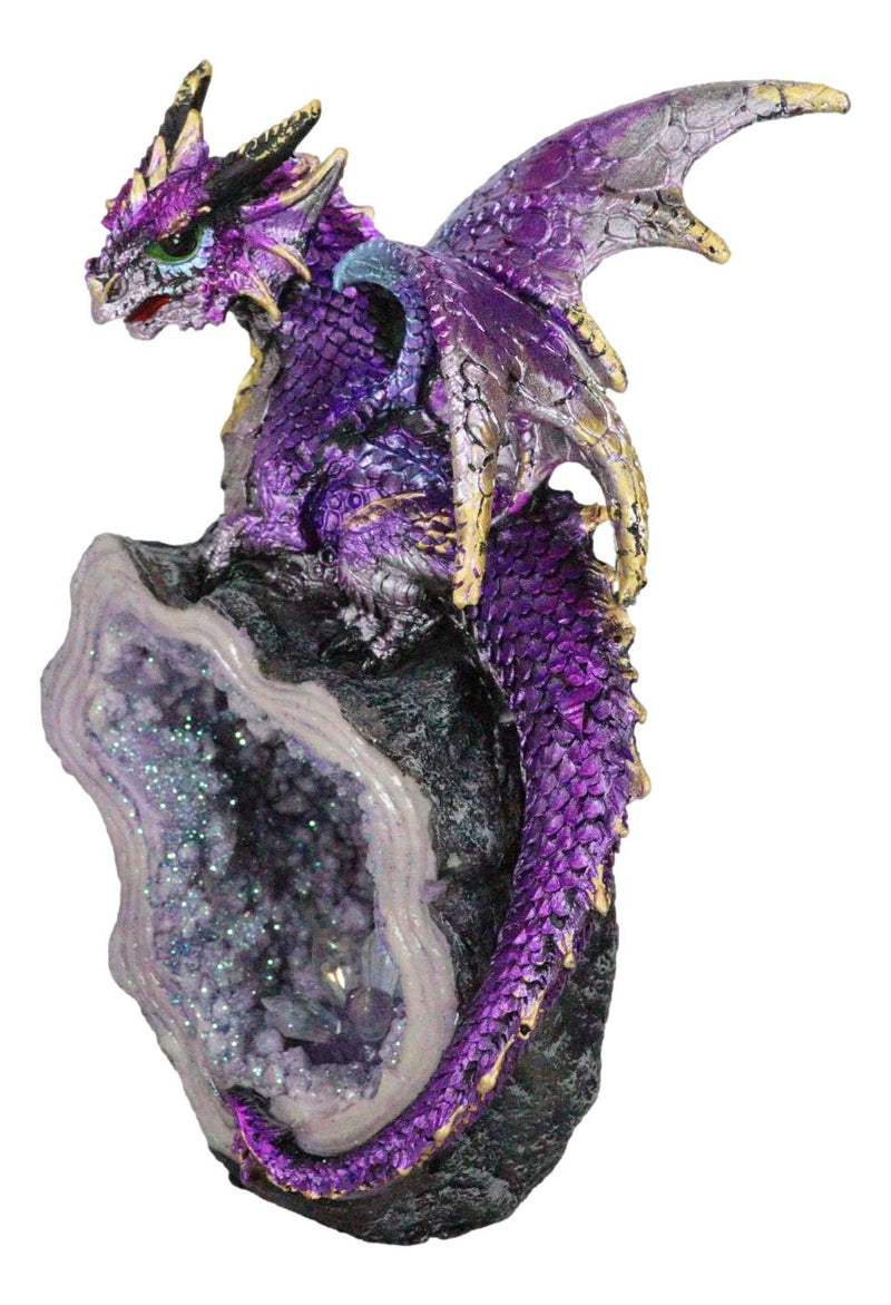Space Purple Iridescent Dragon On Faux Geode Rock Quartz Crystal Cove Figurine