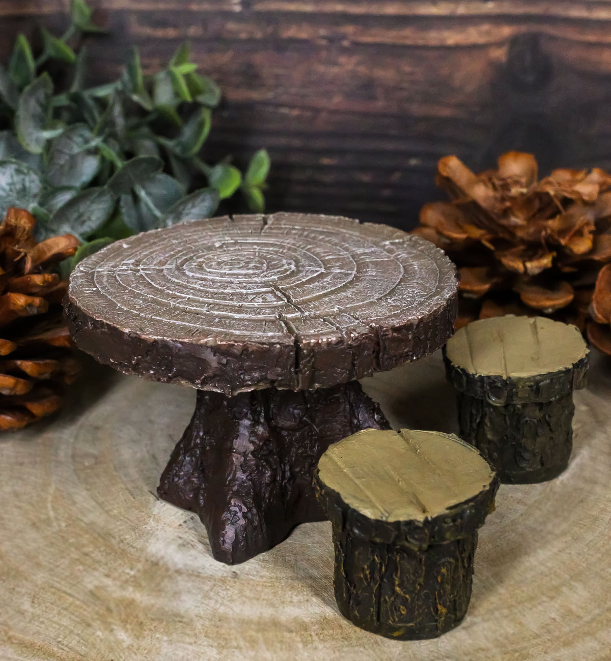 Enchanted Fairy Garden Miniature Tree Stump Table And 2 Stool Chairs Statues - Ebros Gift