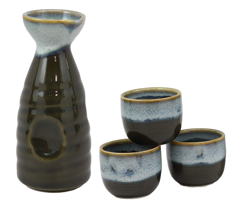 Glazed Ceramic Pottery Heaven Earth Japanese Sake Tokkuri Flask And 3 Cups Set