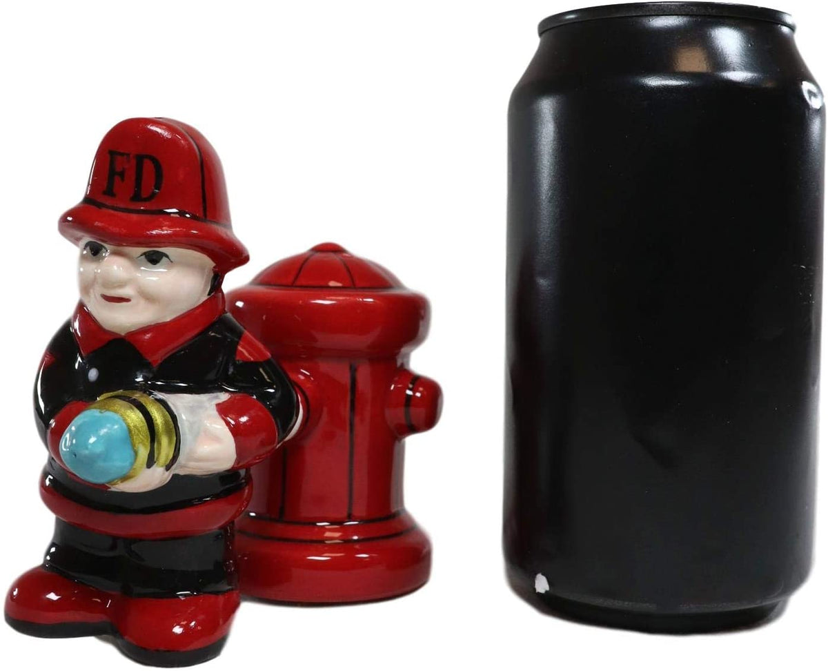 Ebros Fireman with Hose & Hydrant 4 Inch Ceramic Magnetic Salt and Pepper Shaker - Ebros Gift