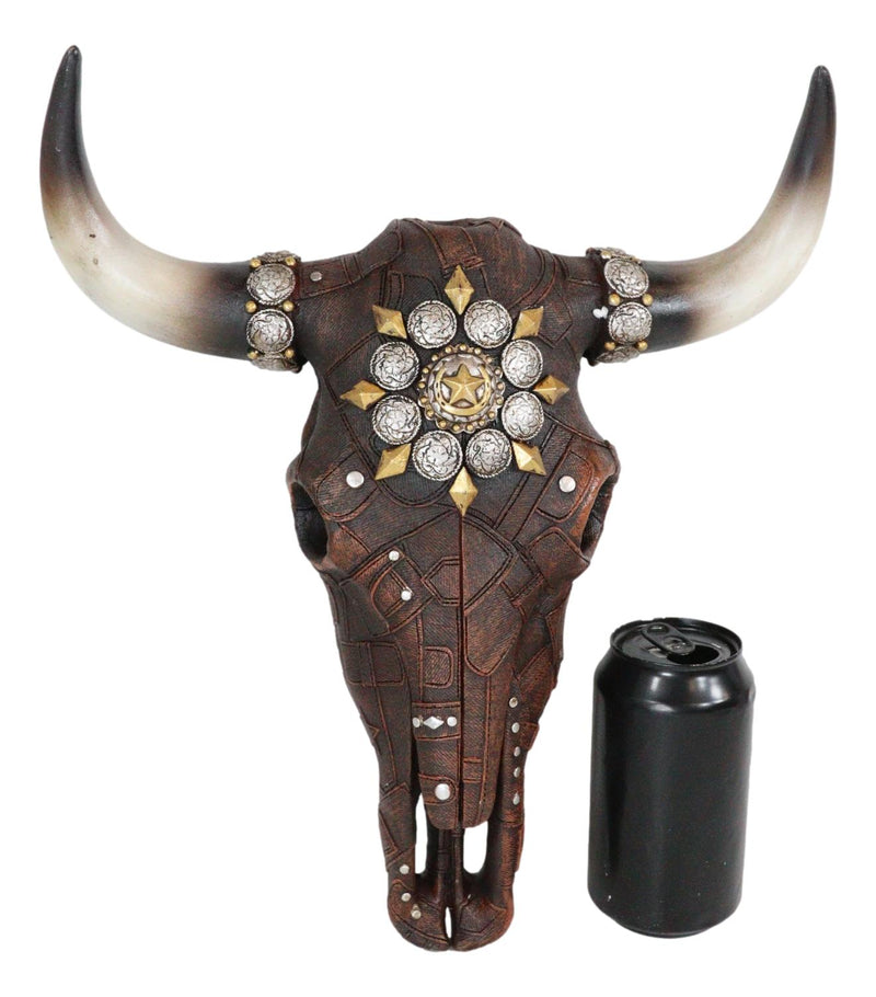 Western Faux Patched Denim Steer Cow Skull With Star And Conchos Wall Decor