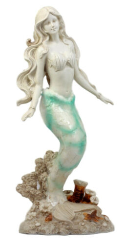 Ebros Capiz Turquoise Standing Mermaid Figurine 11.5"H Ocean Aquamarine Coral Goddess