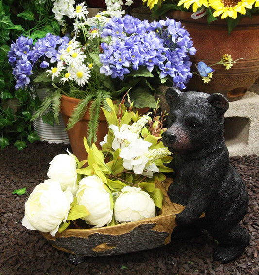 Ebros Gift Large Rustic Wildlife Black Bear Pushing Wheelbarrow Cart Flowers Or Plants Planter Statue 16.25" Long Decorative Bears Statue Cabin Lodge Mountain Lake Resort Gardening Accent Decor
