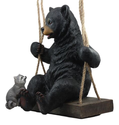 Large Swinging Black Bear With Buddy Raccoon Hanging Statue With Rope Ties 15"H - Ebros Gift