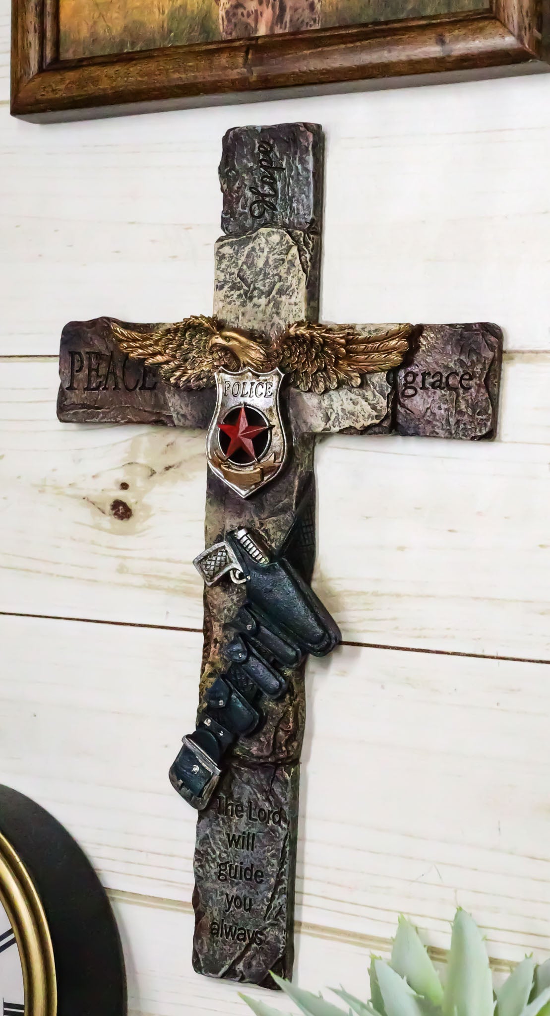 Rustic Western Men In Blue Police Law Enforcement Gun Eagle Badge Wall Cross