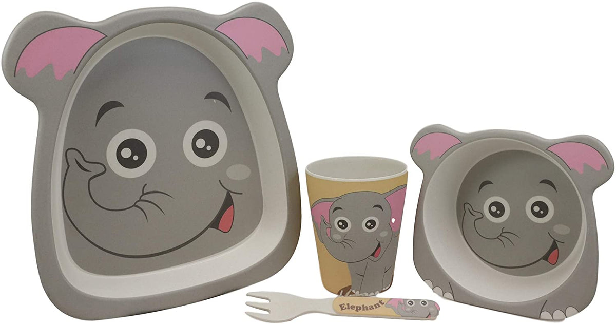 Ebros Elephant 5 Piece Organic Bamboo Dinnerware Set For Kids Children Toddler