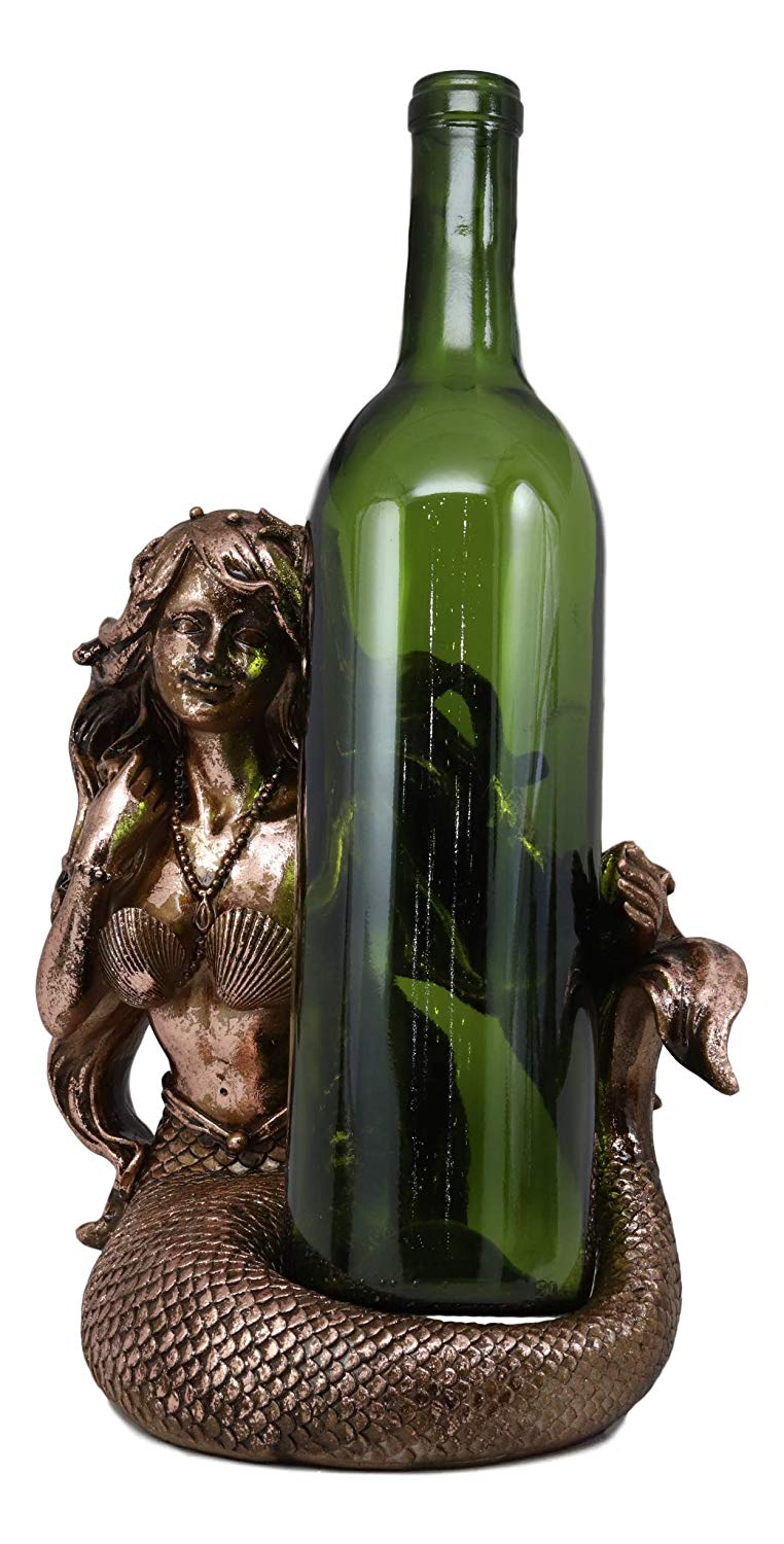 Ebros Nautical Coastal Beach Mermaid Wine Holder Figurine in Bronze Finish Resin - Ebros Gift