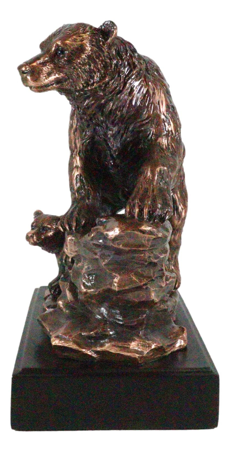 Black Bear Mother With Cub Climbing Rock Bronze Electroplated Resin Statue 9"H