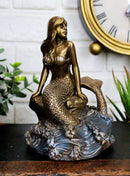 Ebros Bronze Mermaid Sitting On Rock On Sea Surface Wave Pool Figurine 4.25"H