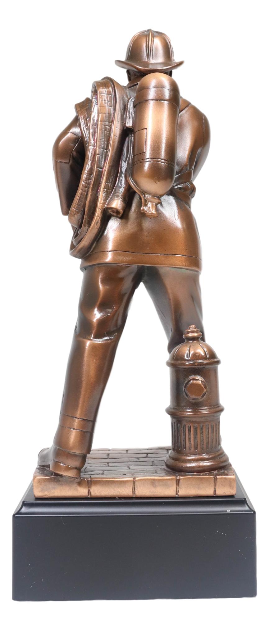 In Line Of Duty Fireman Carrying Hose By Hydrant Statue 12"H Fire Fighter Decor - Ebros Gift