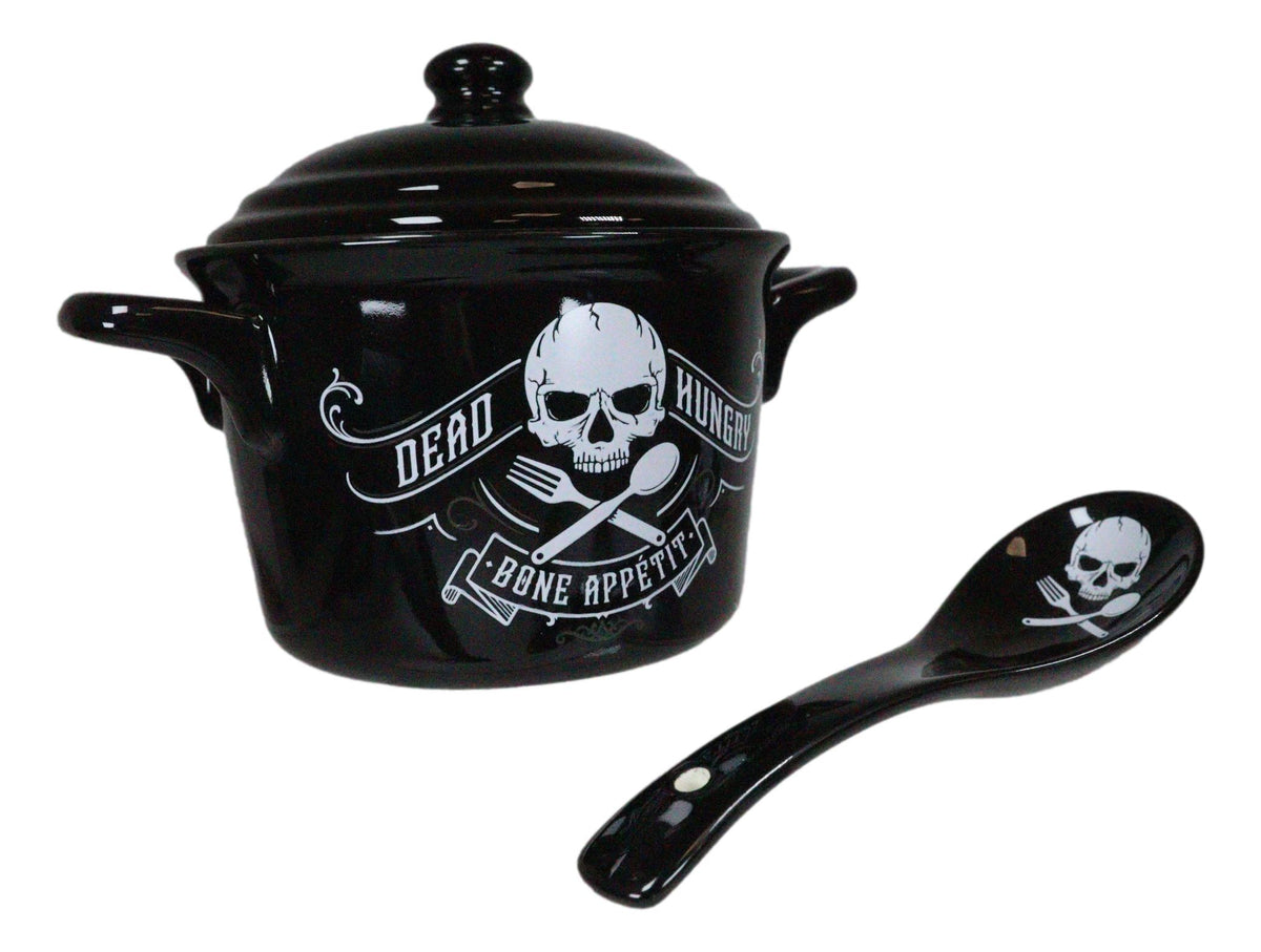 Macabre Dead Hungry Skull Bone Appetit Fine Bone China Bowl With Spoon And Lid - Ebros Gift