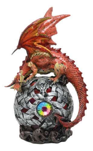 Elemental Red Fire Dragon Perching On LED Gyrosphere Orb Night Light Statue