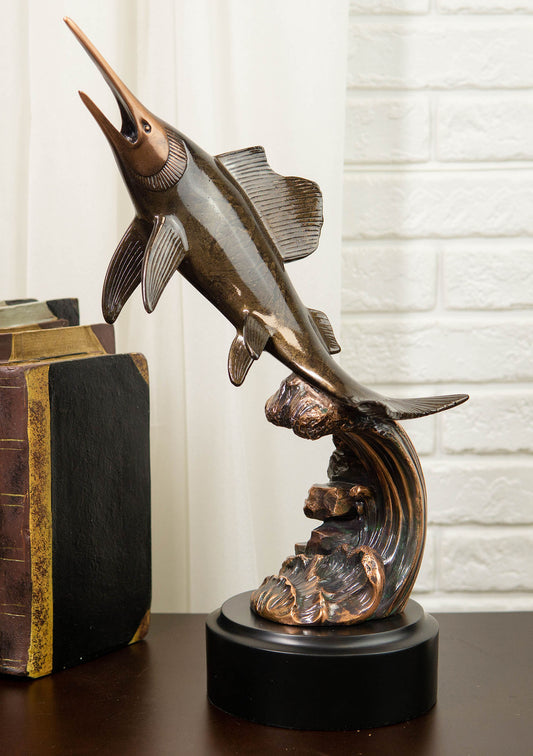 Ebros Nautical Marine Sailfish Leaping Out Of Water Electroplated Bronze Statue - Ebros Gift