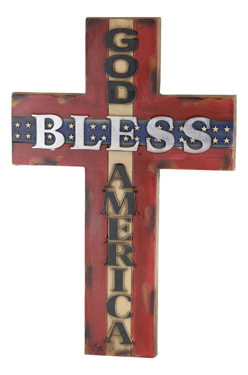 Rustic Western American Flag Colors God Bless America Patriotic Wall Cross 14"H