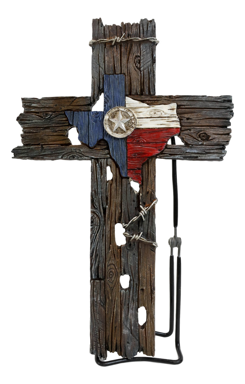 Western Star On Texas Map Flag With Barbed Wires Faux Distressed Wood Wall Cross