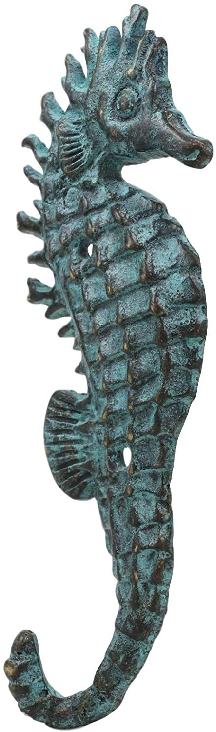 Ebros Verdigris Seahorse Single Wall Mounted Brass Coat Hook Hangers Set of 4
