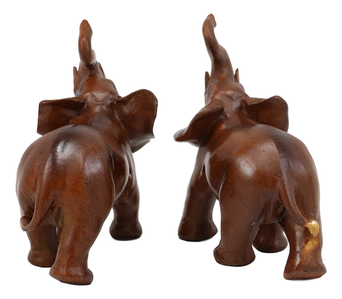 Ebros Faux Wood Feng Shui Elephant with Trunk Up Statue Set of 2 Thai Buddhism - Ebros Gift