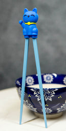 Ebros Blue Maneki Neko Cat Reusable Training Chopsticks Set With Silicone Helper