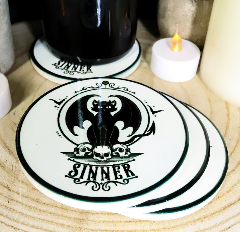 Devil Black Cat Skulls Sinner Ceramic Coaster Set of 4 Tiles With Cork Backing