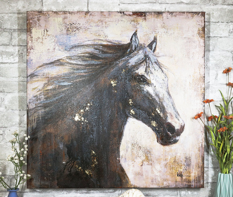 Rustic Country Western Running Mustang Horse Canvas Picture Wooden Frame 24"24"