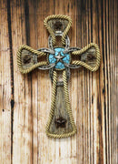 Ebros Gift Rustic Western Stars Turquoise Gem Horseshoe Wall Cross Decor Plaque In Rope Embroidery Outline Finish Hanging Sculpture 12" High Decorative Crosses - Ebros Gift